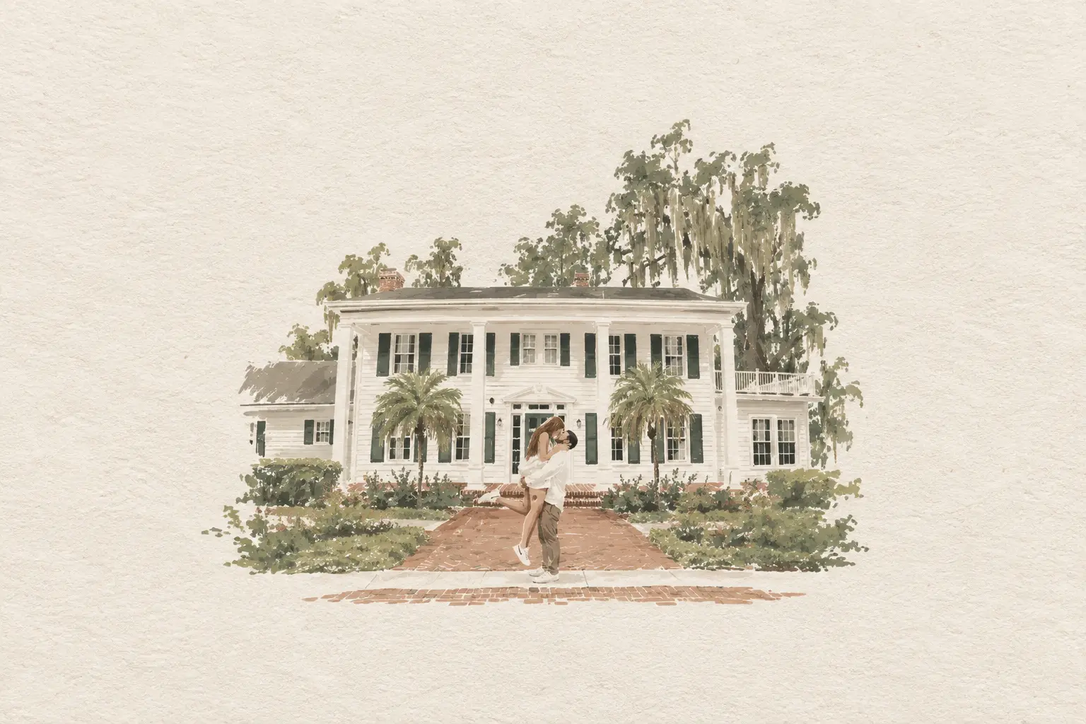 Ilustração em aquarela de Jennifer e Pedro a beijarem-se diante da casa branca